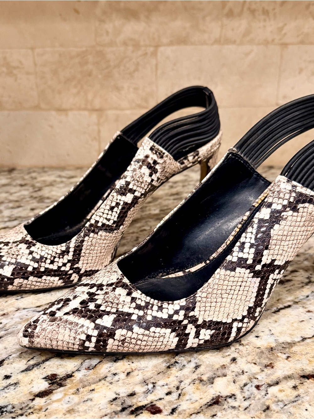 Vince Camuto Snake-Print Pointed Slingback Heels in Black & Cream